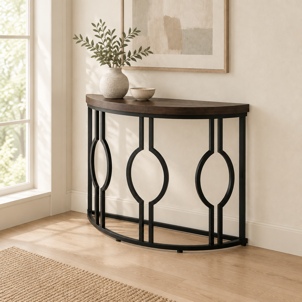 Curved Semi-Circle Console Table, Retro – Dark — living room three-quarter right