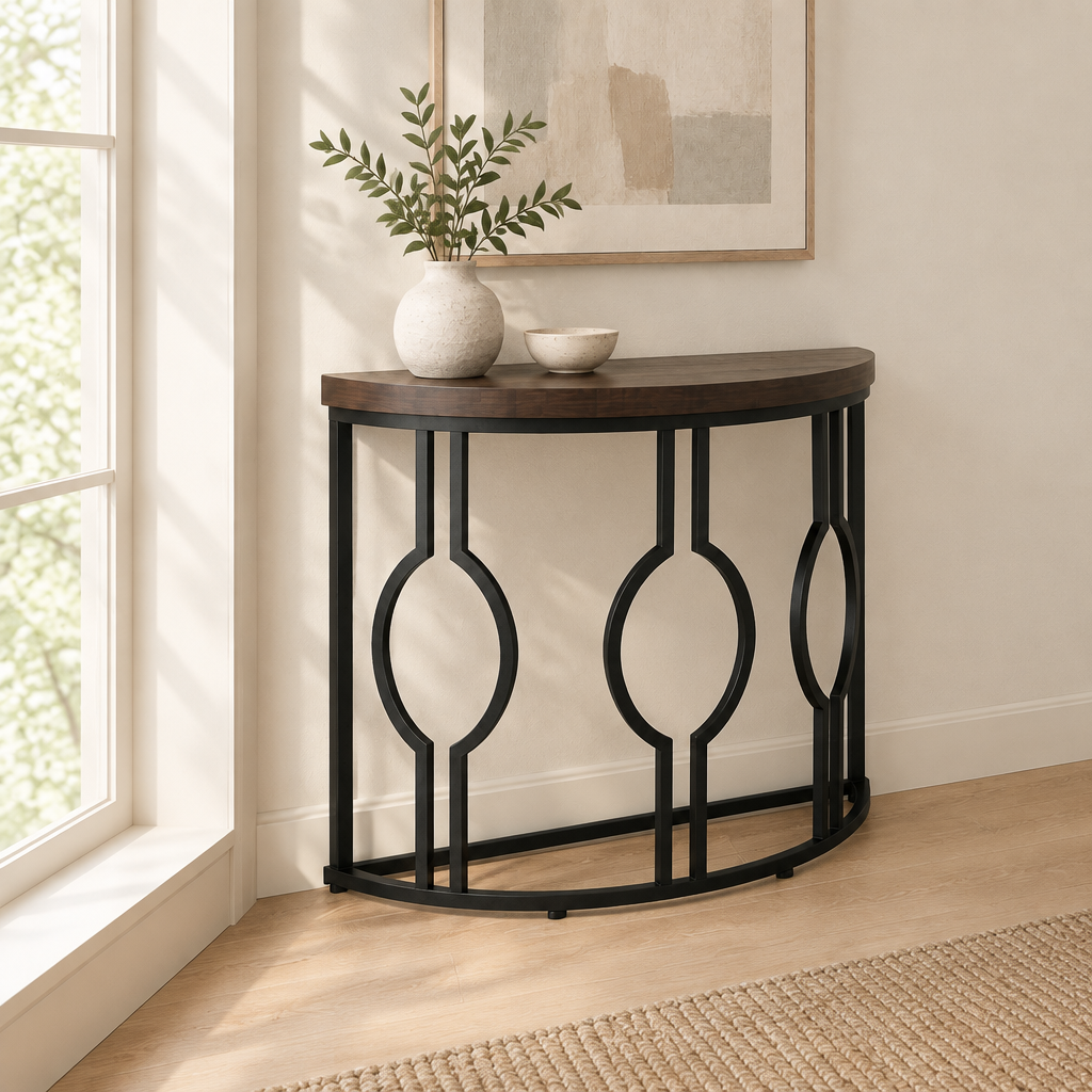 Curved Semi-Circle Console Table, Retro – Dark — living room three-quarter left