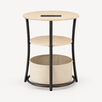 Round Side Table with Charging Station, 3-Tier End Table with Fabric Storage Bag and Shelf, Natural Wood — studio hero