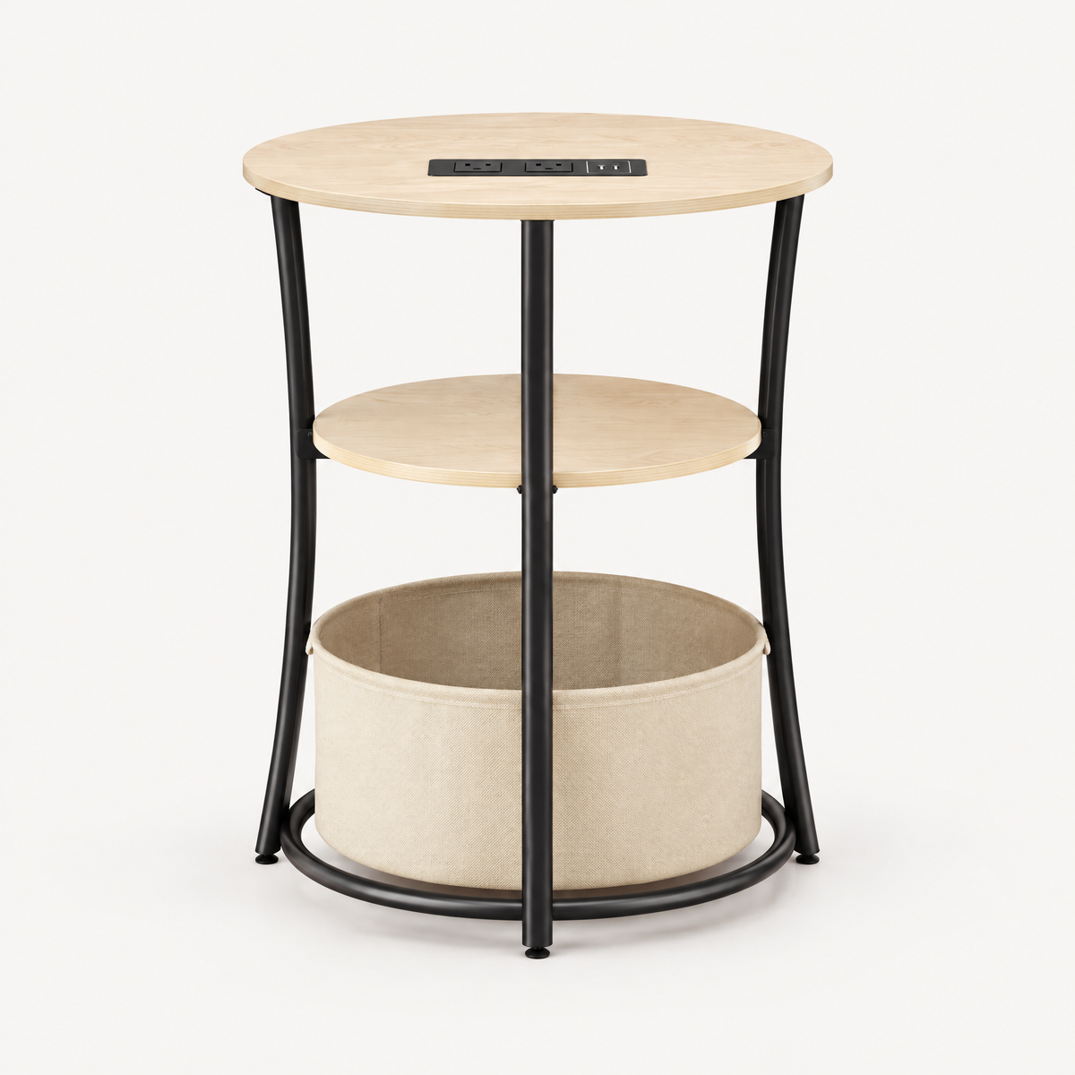 Round Side Table with Charging Station, 3-Tier End Table with Fabric Storage Bag and Shelf, Natural Wood — studio hero