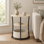 Round Side Table with Charging Station, 3-Tier End Table with Fabric Storage Bag and Shelf, Natural Wood — living room front