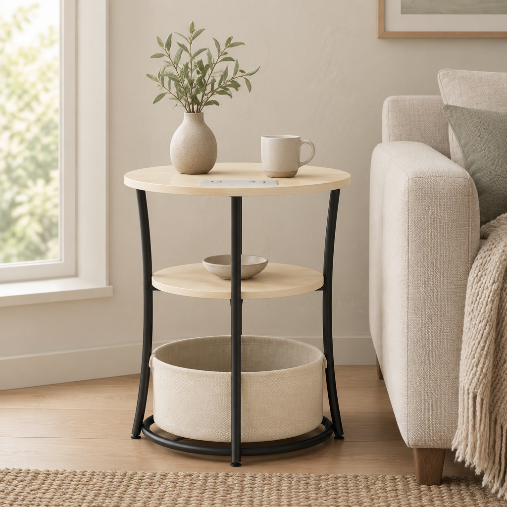 Round Side Table with Charging Station, 3-Tier End Table with Fabric Storage Bag and Shelf, Natural Wood — living room front