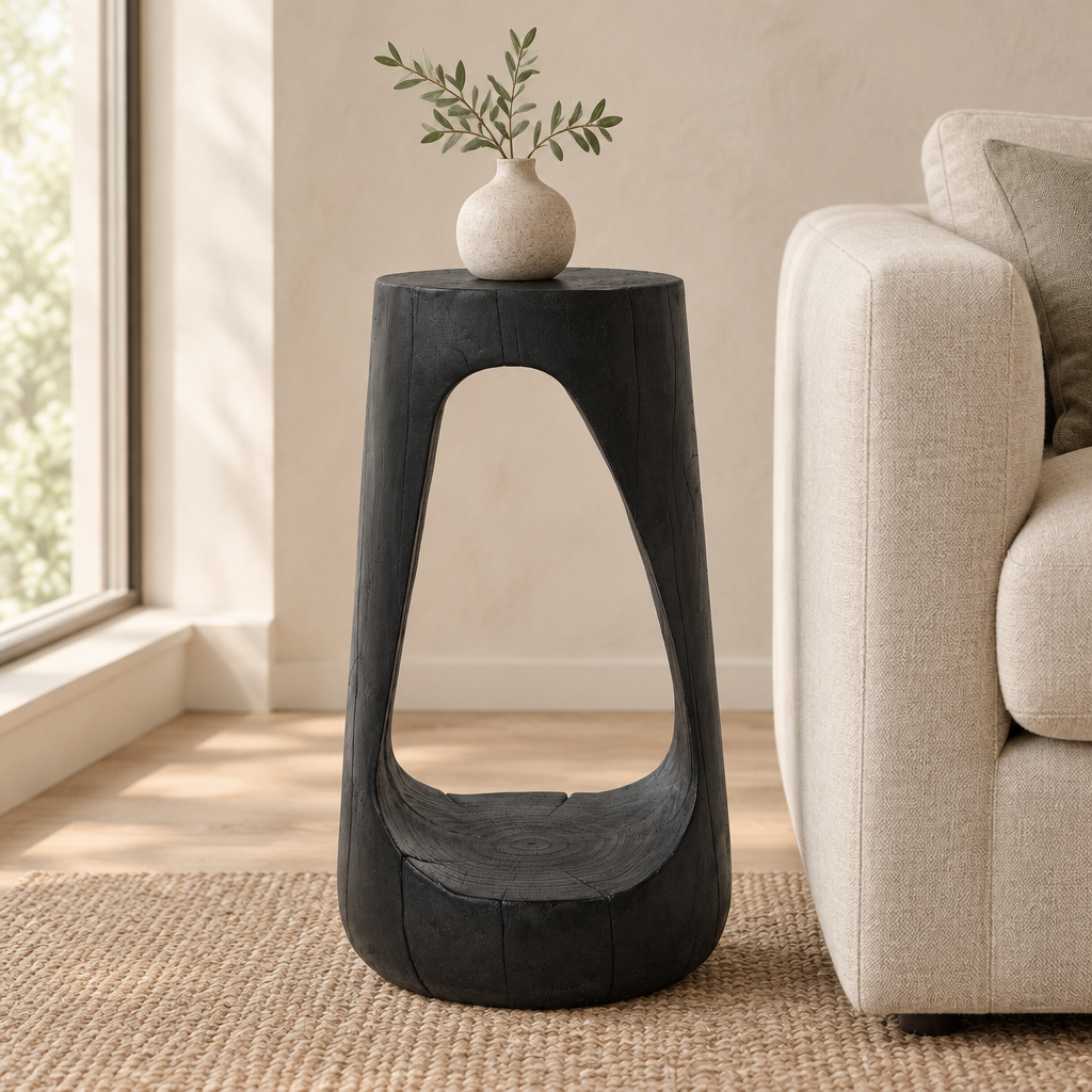 Outdoor Side Table, Hollow Design End Table, Patio Garden Stool Table, Decorative Accent Table For Patio Balcony Beach Pool Side, Lightweight Concrete, Wood Like Texture, Black Color — living room front