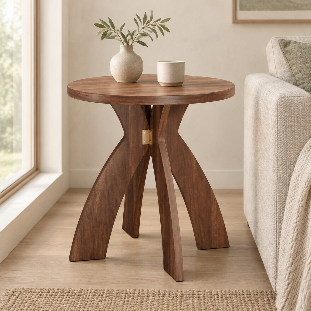 Round Side Table, 23.6 Inch Circular End Table with Curved Cross Legs, Melamine Laminated MDF Accent Table for Living Room, Bedroom, Balcony, Walnut — living room front