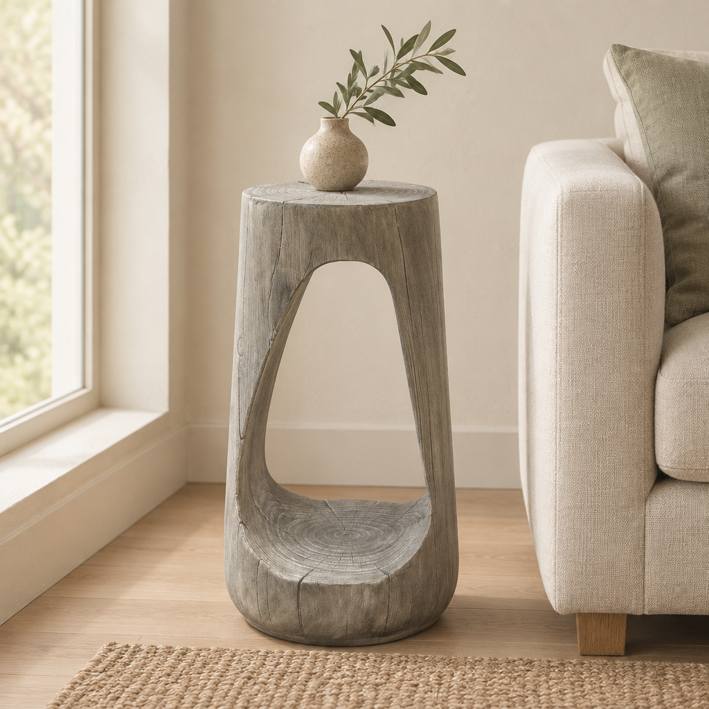 Outdoor Side Table, Hollow Design End Table, Patio Garden Stool Table, Decorative Accent Table For Patio Balcony Beach Pool Side, Lightweight Concrete, Wood Like Texture, Grey Color — living room front