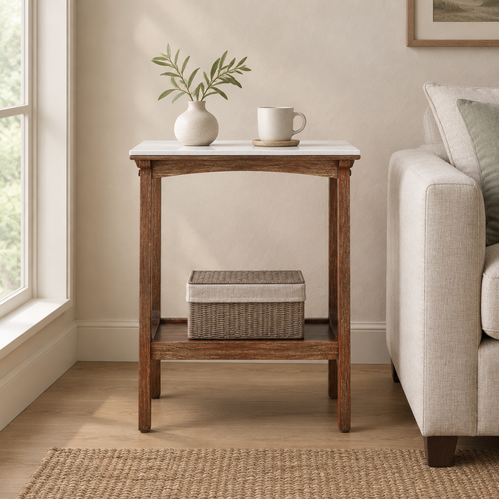 Retro Reddish Brown Narrow Slate Side Table With Storage Shelf, Small End Table For Living Room Small Spaces Entryway Farmhouse, Slim Nightstand Bedside Table — living room front