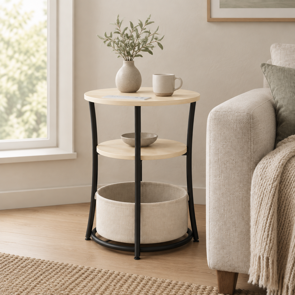Round Side Table with Charging Station, 3-Tier End Table with Fabric Storage Bag and Shelf, Natural Wood — living room three-quarter right