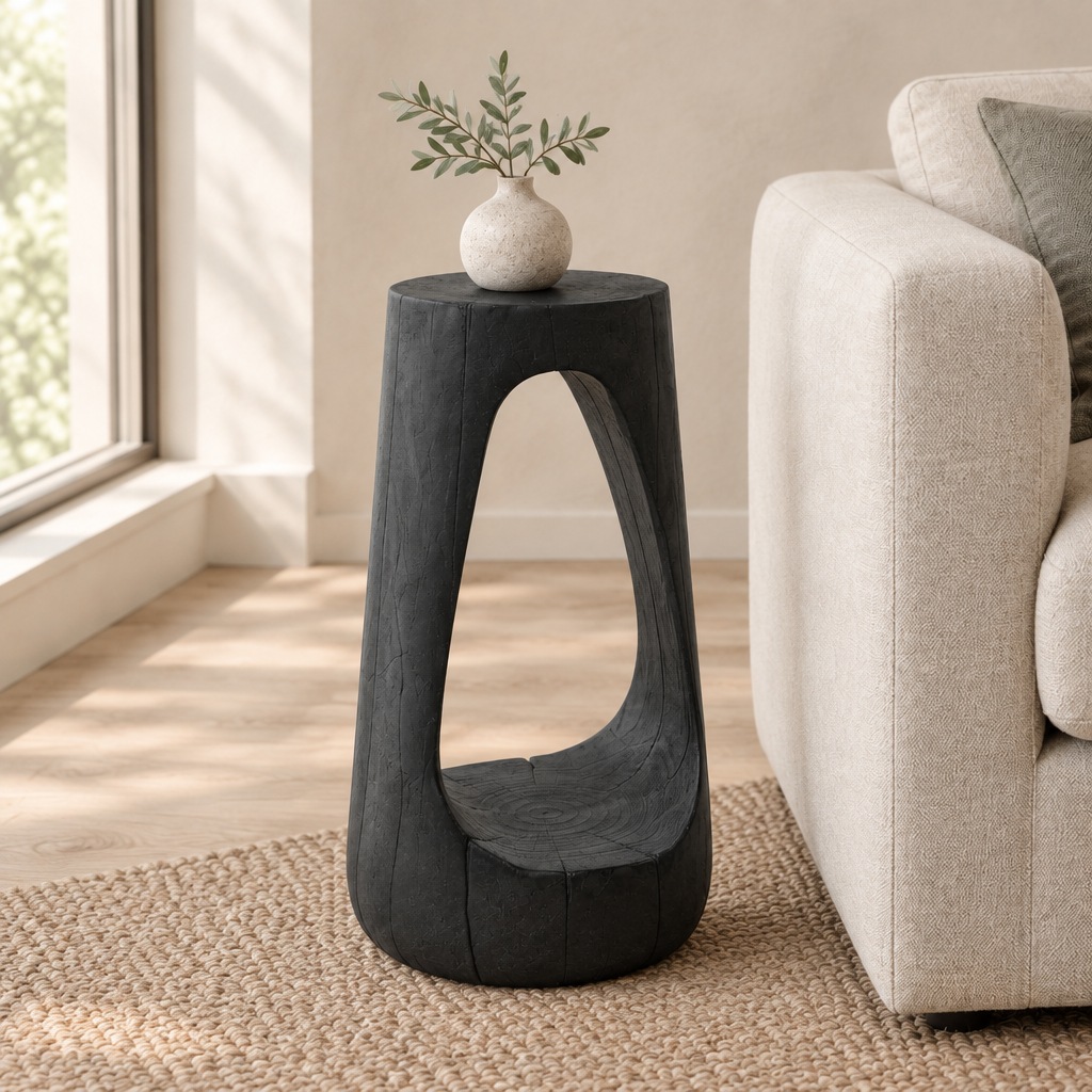 Outdoor Side Table, Hollow Design End Table, Patio Garden Stool Table, Decorative Accent Table For Patio Balcony Beach Pool Side, Lightweight Concrete, Wood Like Texture, Black Color — living room three-quarter left