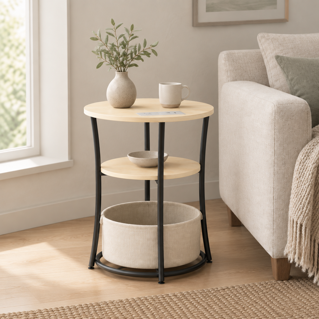 Round Side Table with Charging Station, 3-Tier End Table with Fabric Storage Bag and Shelf, Natural Wood — living room three-quarter left