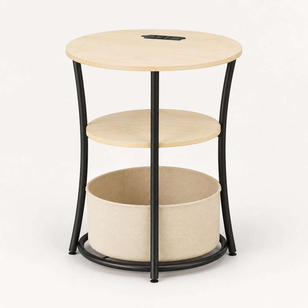 Round Side Table with Charging Station, 3-Tier End Table with Fabric Storage Bag and Shelf, Natural Wood — studio three-quarter