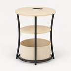 Round Side Table with Charging Station, 3-Tier End Table with Fabric Storage Bag and Shelf, Natural Wood — studio three-quarter