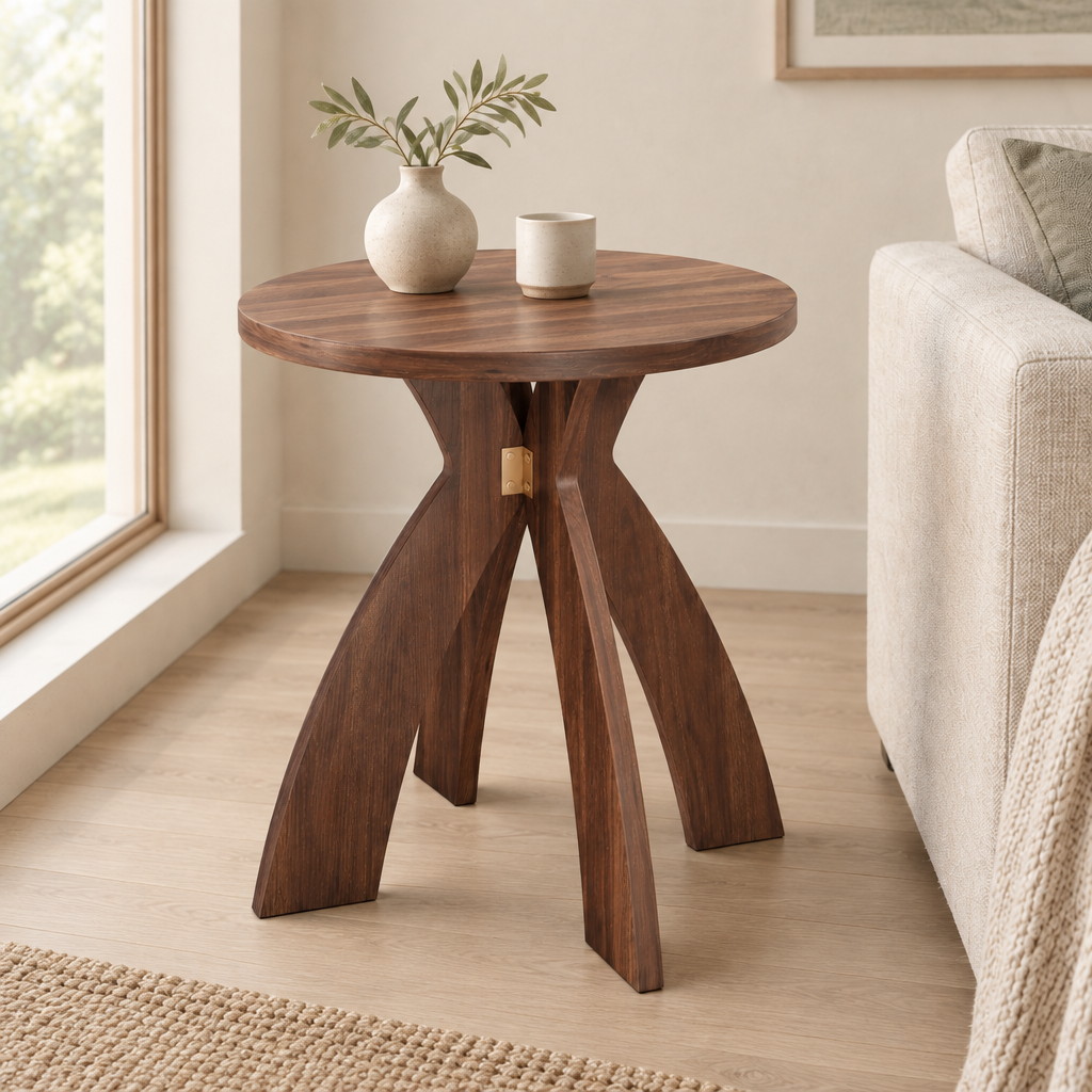 Round Side Table, 23.6 Inch Circular End Table with Curved Cross Legs, Melamine Laminated MDF Accent Table for Living Room, Bedroom, Balcony, Walnut — living room three-quarter left
