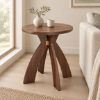 Round Side Table, 23.6 Inch Circular End Table with Curved Cross Legs, Melamine Laminated MDF Accent Table for Living Room, Bedroom, Balcony, Walnut — living room three-quarter left