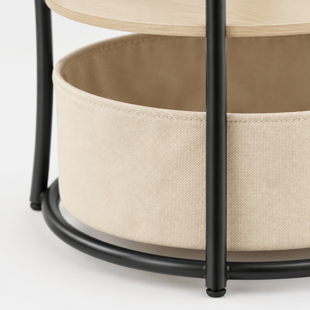 Round Side Table with Charging Station, 3-Tier End Table with Fabric Storage Bag and Shelf, Natural Wood — studio detail