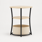 Round Side Table with Charging Station, 3-Tier End Table with Fabric Storage Bag and Shelf, Natural Wood — studio side profile