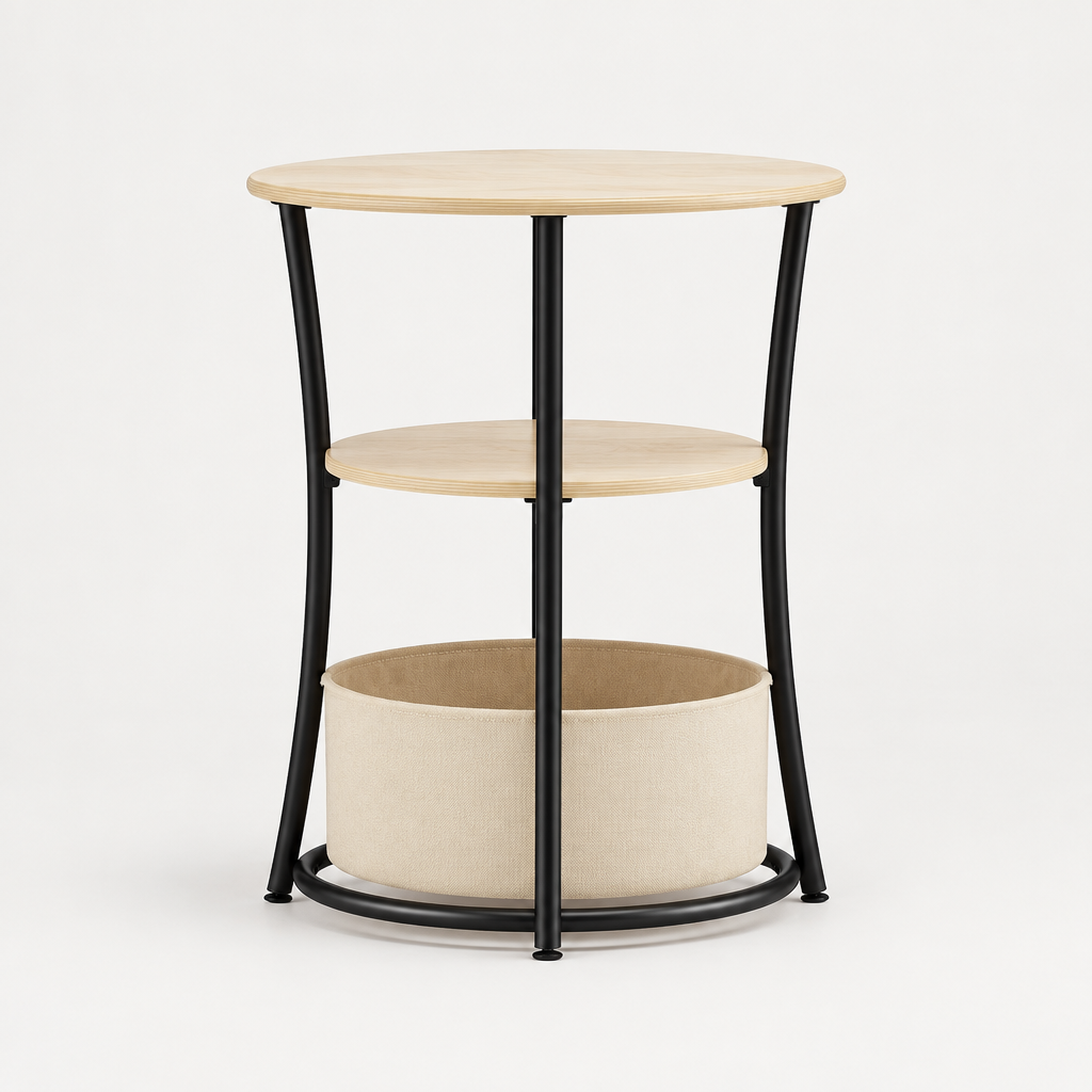 Round Side Table with Charging Station, 3-Tier End Table with Fabric Storage Bag and Shelf, Natural Wood — studio side profile