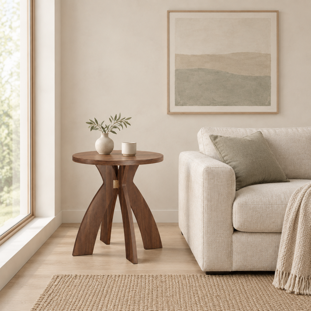 Round Side Table, 23.6 Inch Circular End Table with Curved Cross Legs, Melamine Laminated MDF Accent Table for Living Room, Bedroom, Balcony, Walnut — living room wide