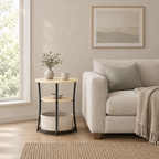 Round Side Table with Charging Station, 3-Tier End Table with Fabric Storage Bag and Shelf, Natural Wood — living room wide