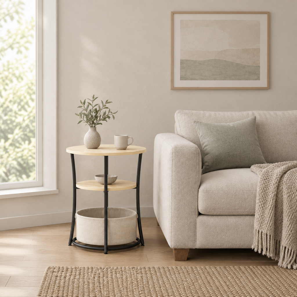 Round Side Table with Charging Station, 3-Tier End Table with Fabric Storage Bag and Shelf, Natural Wood — living room wide