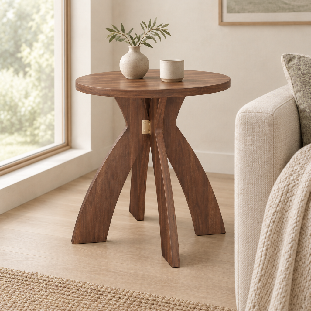 Round Side Table, 23.6 Inch Circular End Table with Curved Cross Legs, Melamine Laminated MDF Accent Table for Living Room, Bedroom, Balcony, Walnut — living room three-quarter right