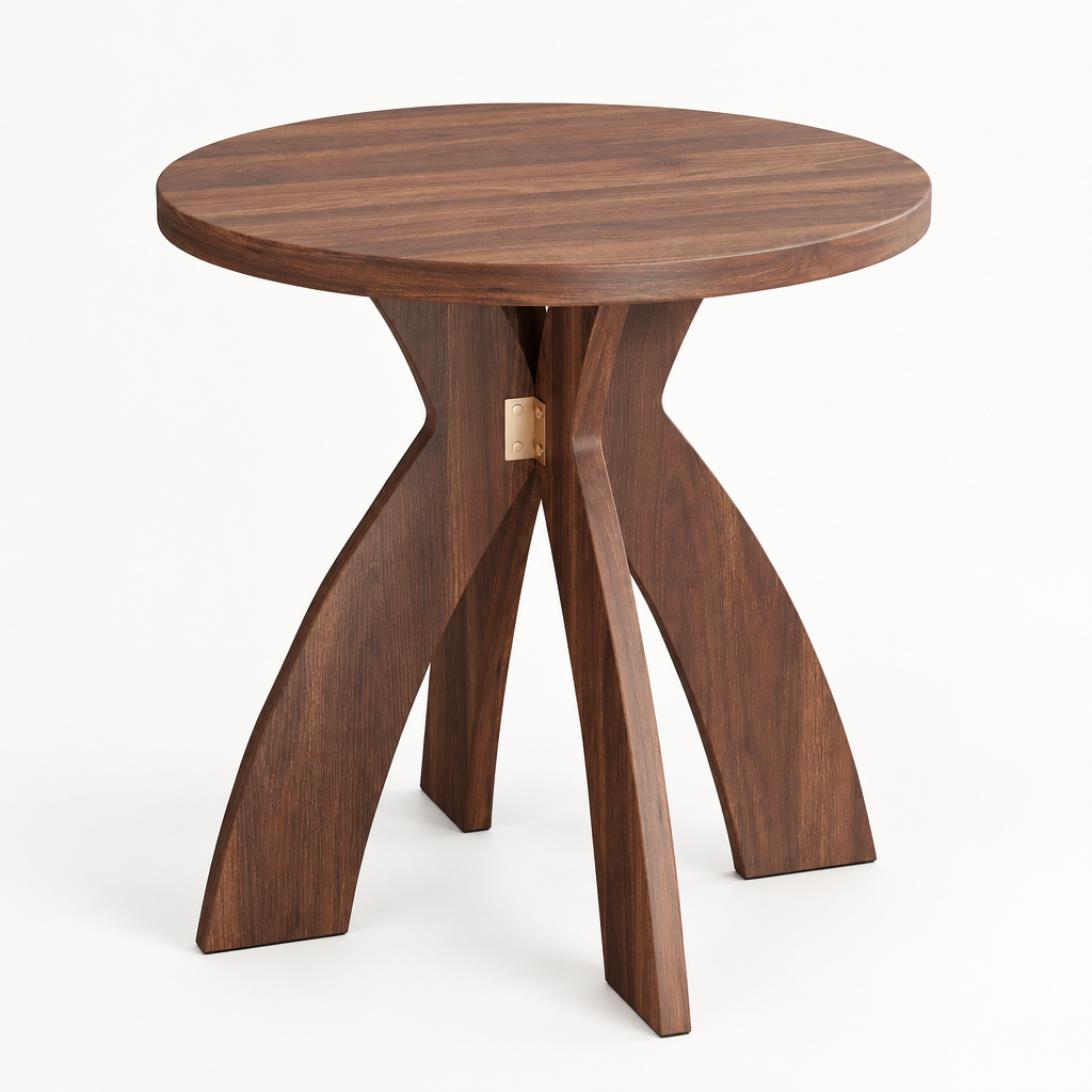 Round Side Table, 23.6 Inch Circular End Table with Curved Cross Legs, Melamine Laminated MDF Accent Table for Living Room, Bedroom, Balcony, Walnut — studio three-quarter