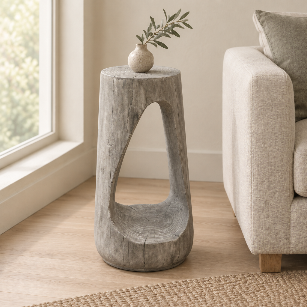 Outdoor Side Table, Hollow Design End Table, Patio Garden Stool Table, Decorative Accent Table For Patio Balcony Beach Pool Side, Lightweight Concrete, Wood Like Texture, Grey Color — living room three-quarter left
