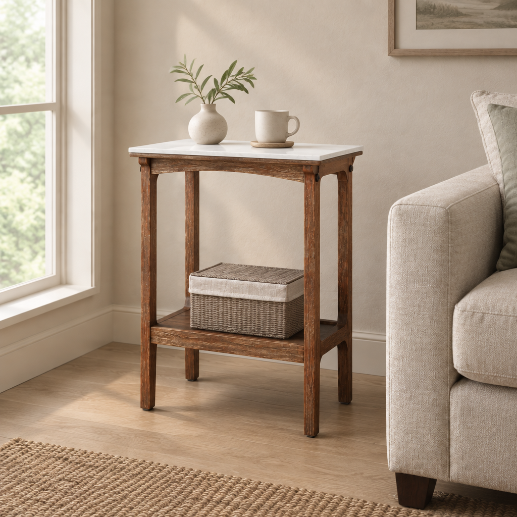 Retro Reddish Brown Narrow Slate Side Table With Storage Shelf, Small End Table For Living Room Small Spaces Entryway Farmhouse, Slim Nightstand Bedside Table — living room three-quarter right