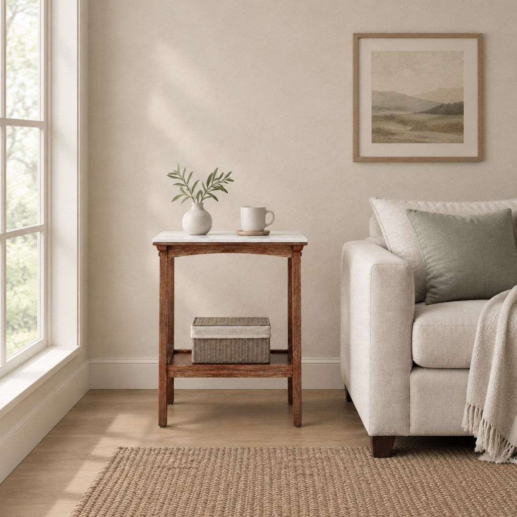 Retro Reddish Brown Narrow Slate Side Table With Storage Shelf, Small End Table For Living Room Small Spaces Entryway Farmhouse, Slim Nightstand Bedside Table — living room wide