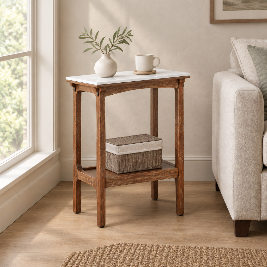 Retro Reddish Brown Narrow Slate Side Table With Storage Shelf, Small End Table For Living Room Small Spaces Entryway Farmhouse, Slim Nightstand Bedside Table — living room three-quarter left