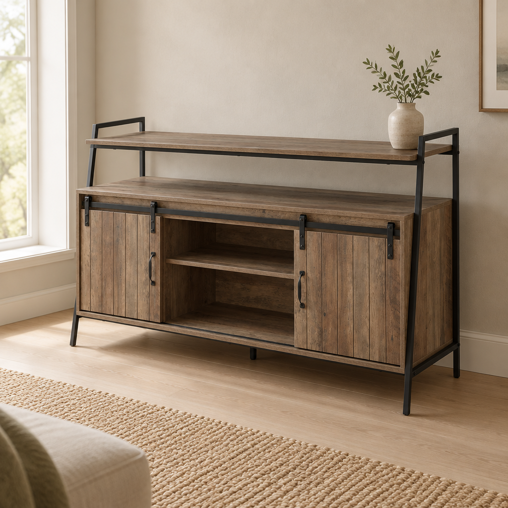 Rashawn Rustic Oak & Black Finish TV Stand — living room three-quarter right