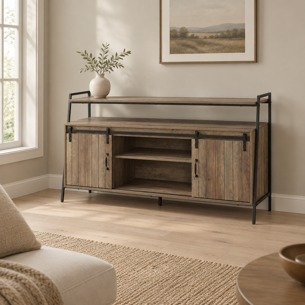 Rashawn Rustic Oak & Black Finish TV Stand — living room wide