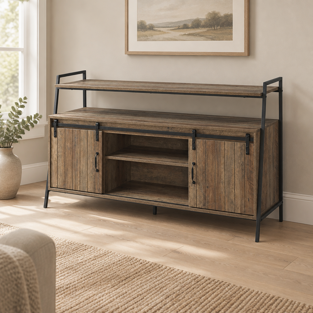 Rashawn Rustic Oak & Black Finish TV Stand — living room three-quarter left