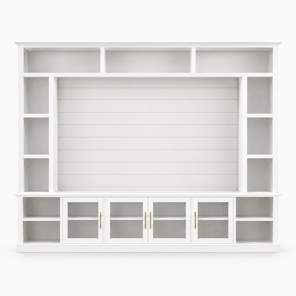 95" Entertainment Center Wall Unit for 80" TV, Glass Doors – White — studio hero