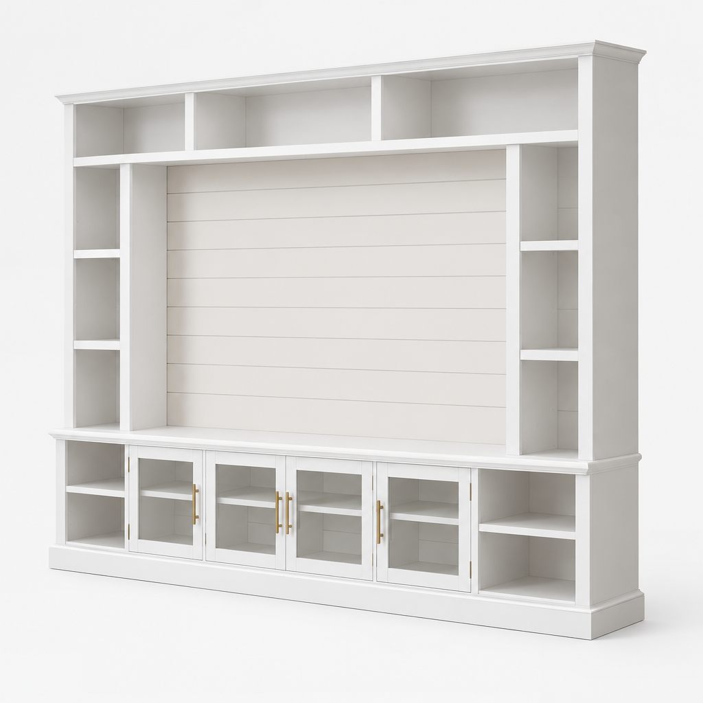 95" Entertainment Center Wall Unit for 80" TV, Glass Doors – White — studio three-quarter