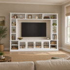 95" Entertainment Center Wall Unit for 80" TV, Glass Doors – White — living room wide