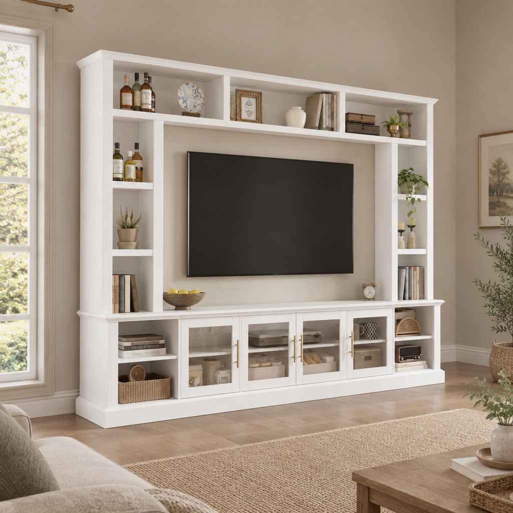 95" Entertainment Center Wall Unit for 80" TV, Glass Doors – White — living room three-quarter left