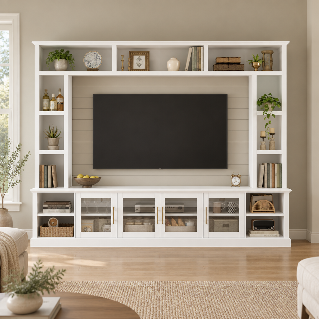 95" Entertainment Center Wall Unit for 80" TV, Glass Doors – White — living room front