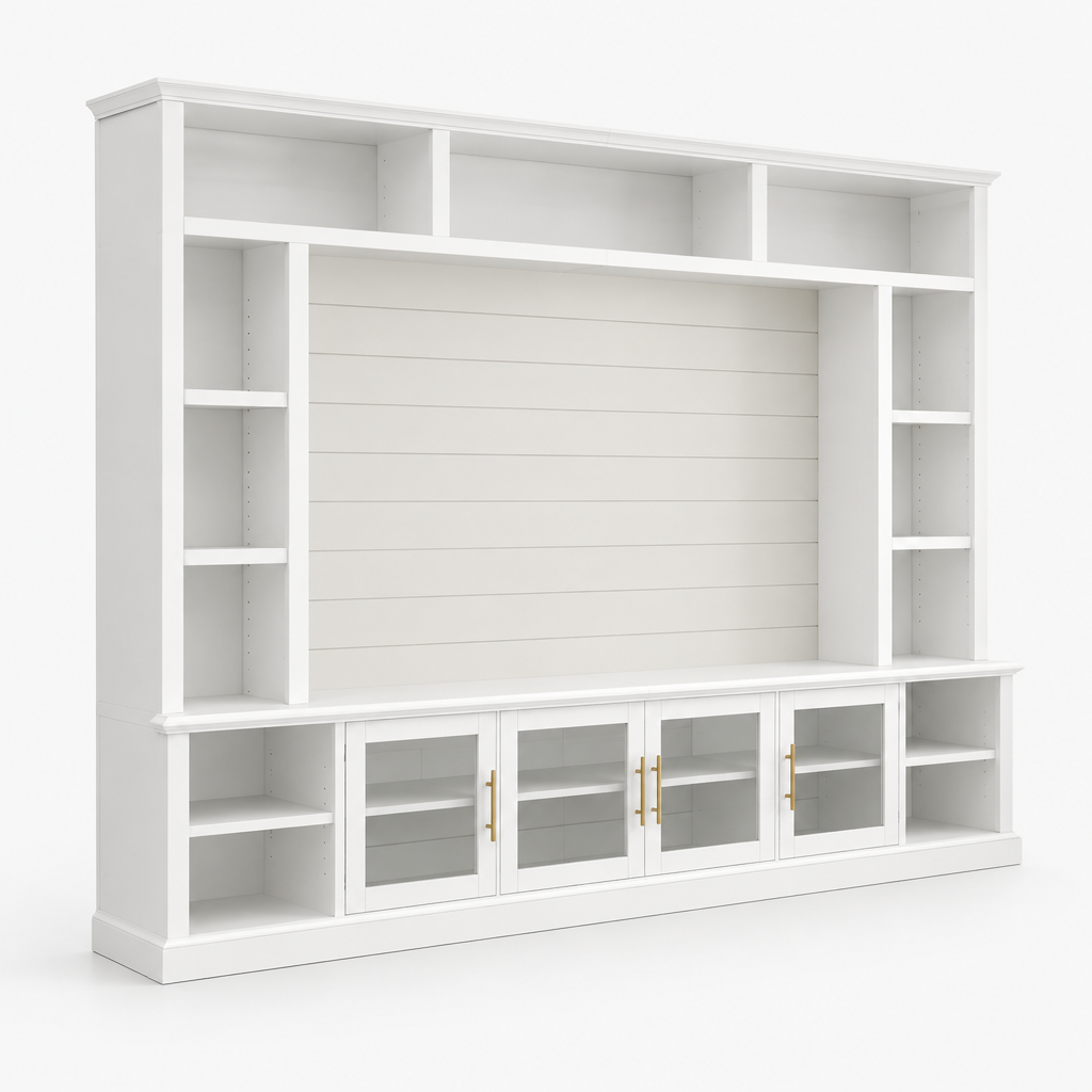 95" Entertainment Center Wall Unit for 80" TV, Glass Doors – White — studio side profile