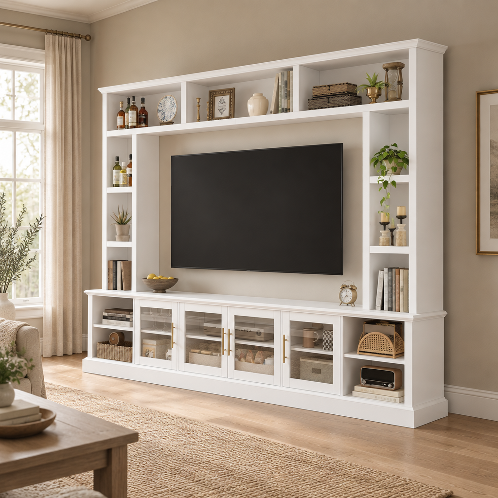 95" Entertainment Center Wall Unit for 80" TV, Glass Doors – White — living room three-quarter right