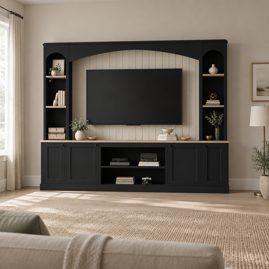 92" Arched Entertainment Center Wall Unit with Bookshelf – Black — living room wide