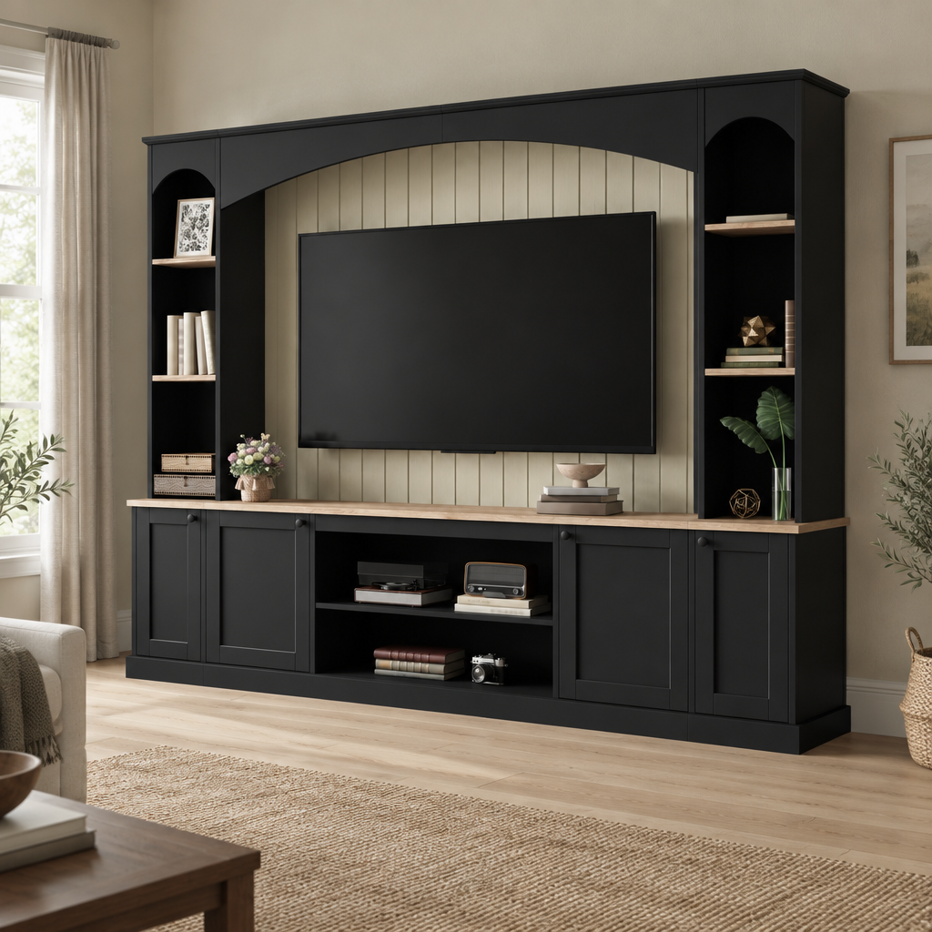 92" Arched Entertainment Center Wall Unit with Bookshelf – Black — living room three-quarter left