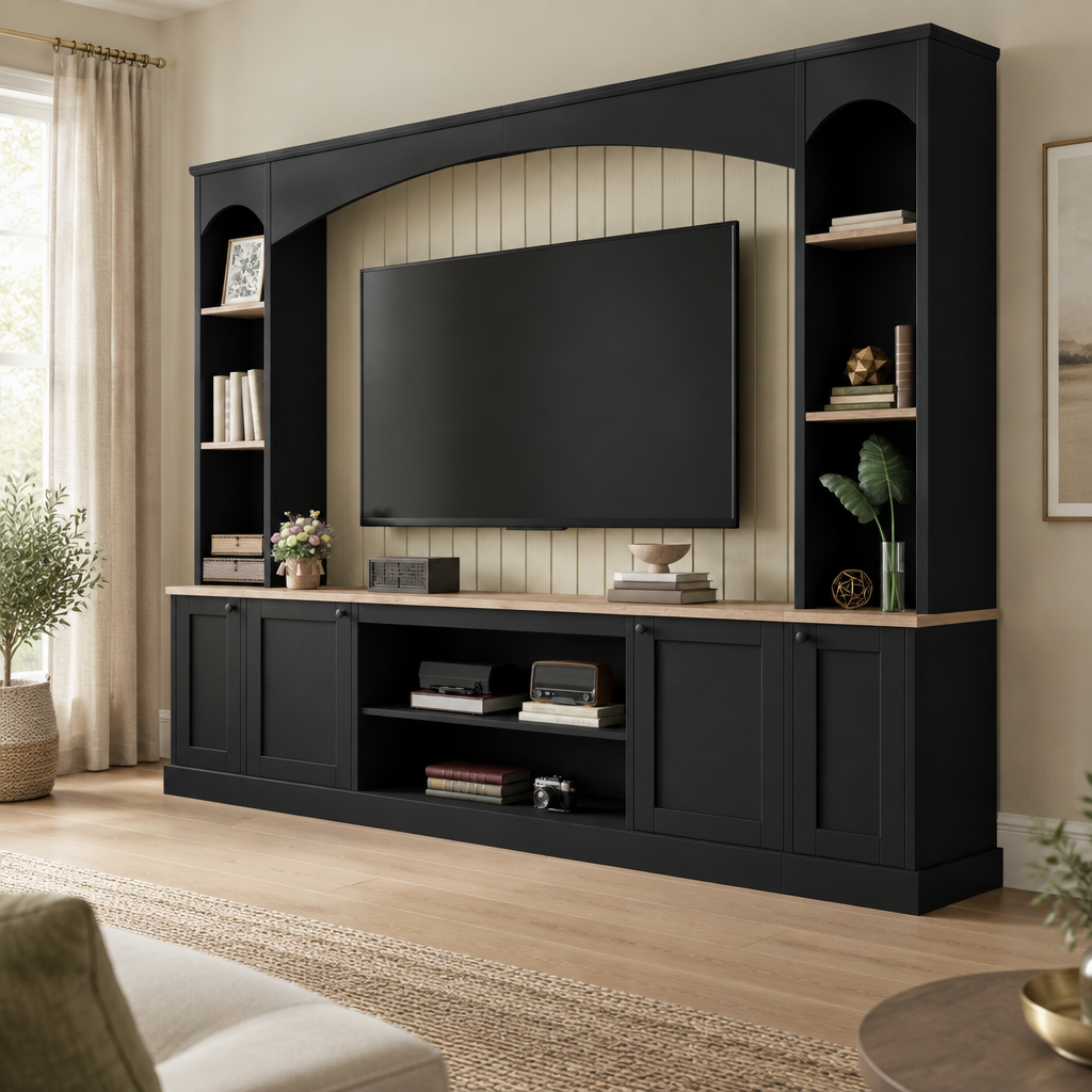 92" Arched Entertainment Center Wall Unit with Bookshelf – Black — living room three-quarter right