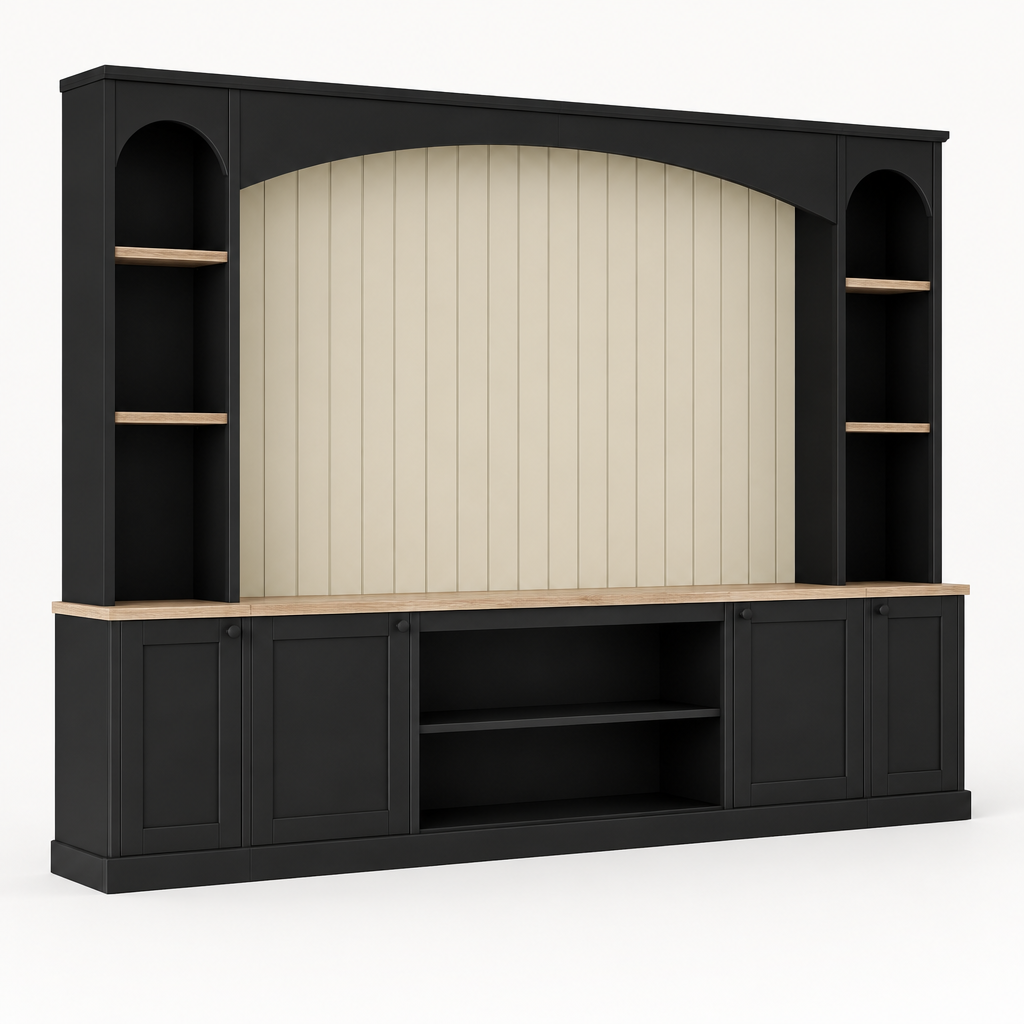 92" Arched Entertainment Center Wall Unit with Bookshelf – Black — studio three-quarter