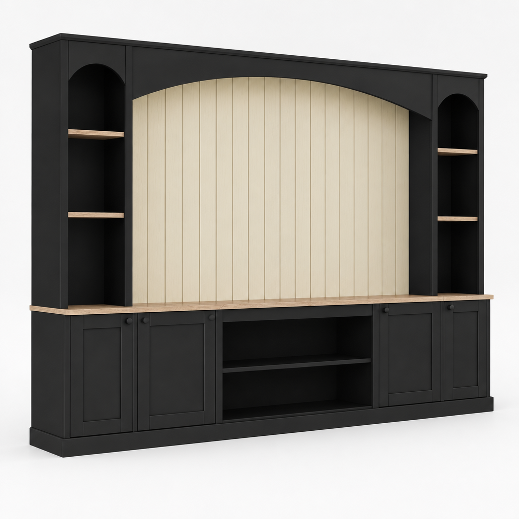 92" Arched Entertainment Center Wall Unit with Bookshelf – Black — studio side profile