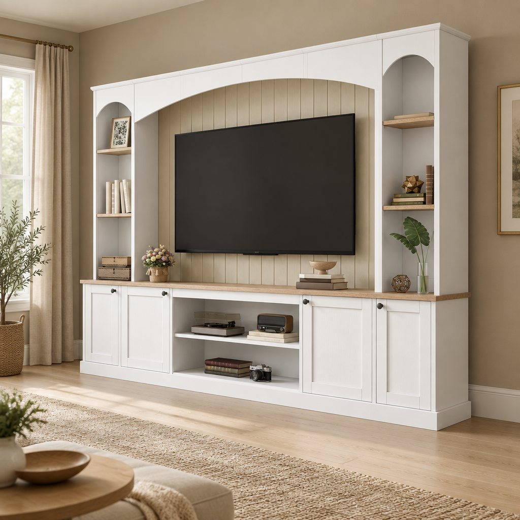 92" Arched Entertainment Center Wall Unit with Bookshelf – White — living room three-quarter right