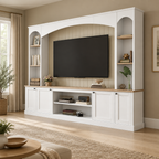 92" Arched Entertainment Center Wall Unit with Bookshelf – White — living room three-quarter right