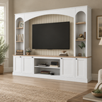 92" Arched Entertainment Center Wall Unit with Bookshelf – White — living room three-quarter left