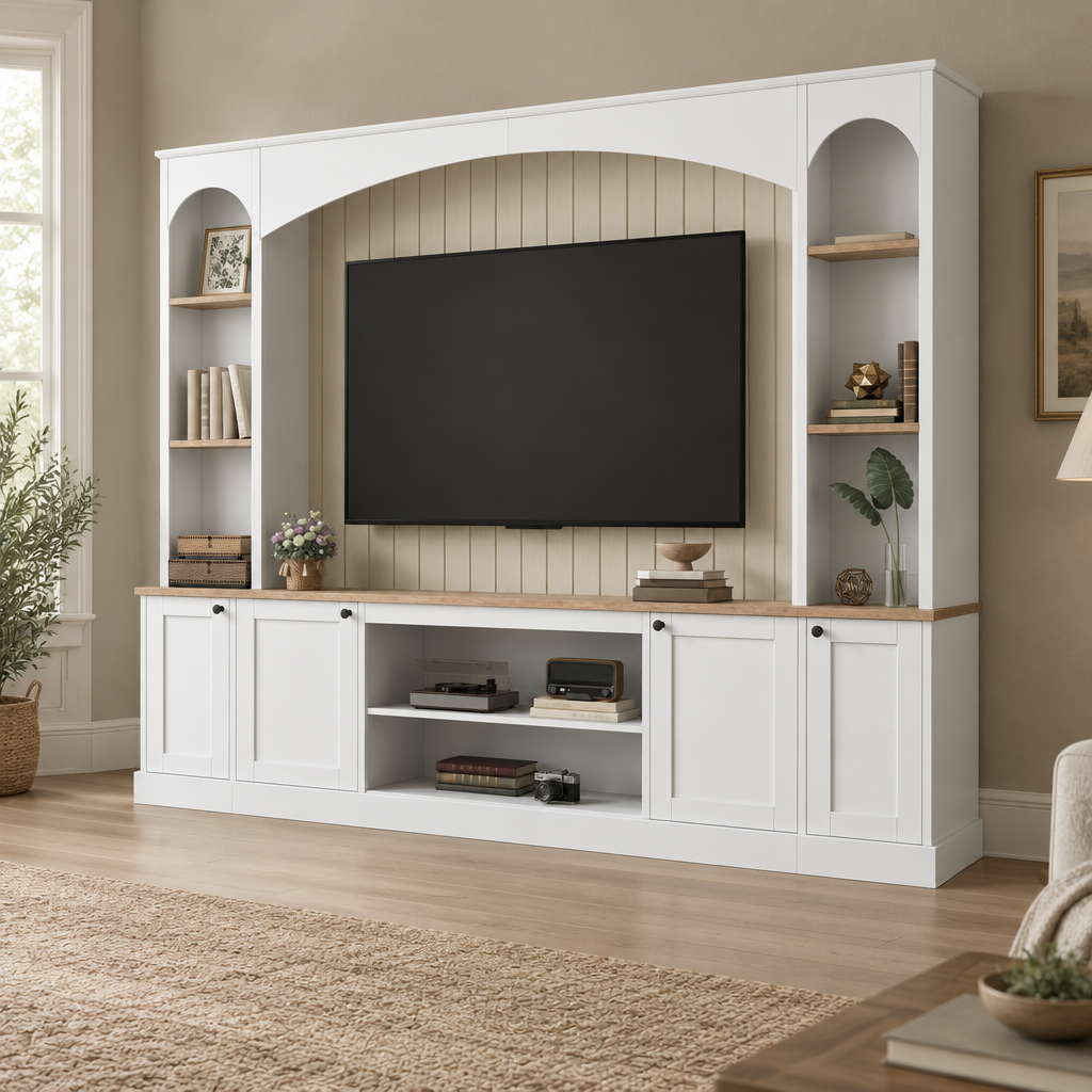 92" Arched Entertainment Center Wall Unit with Bookshelf – White — living room three-quarter left