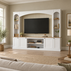 92" Arched Entertainment Center Wall Unit with Bookshelf – White — living room wide