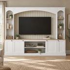 92" Arched Entertainment Center Wall Unit with Bookshelf – White — living room front